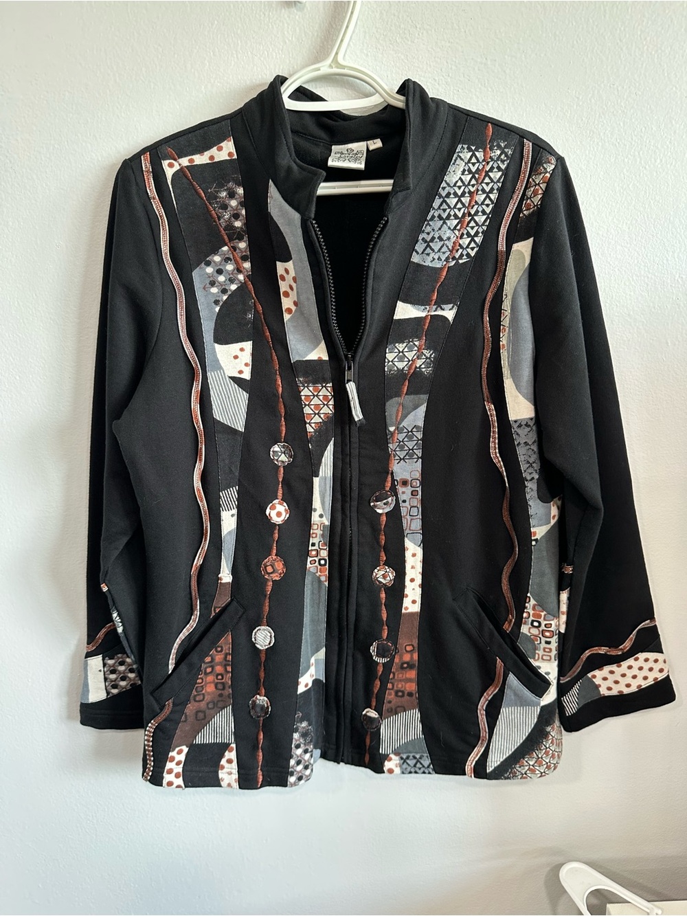 Parsley & Sage Black Art-to-Wear Zip Front Jacket Large Abstract 100% Cotton
